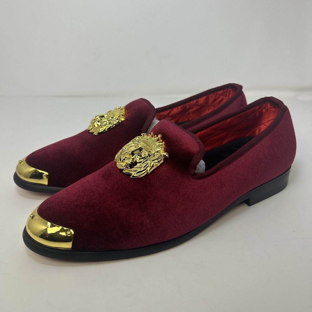 Erphpre Paul Men's Luxury Velvet‎ Loafers – Burgundy/Gold – Size 7 Gold Lion NIB